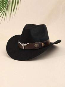 1 件经典复古牛仔帽，配有可拆卸棕色皮革带装饰，适合户外穿着 - 公牛棕皮禮帽 - 查看 1