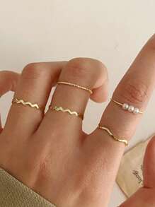 5pcs/Set Elegant Minimalist Wavy Shape Rings For Women, Personalized Versatile Jewelry Gift For Daily Wear, Spring - Ring Set - View 1