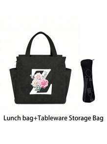2 pièces/Set Sacs isothermes imprimés avec lettres A-Z et boîte de rangement pour couverts, sac à lunch à double poche