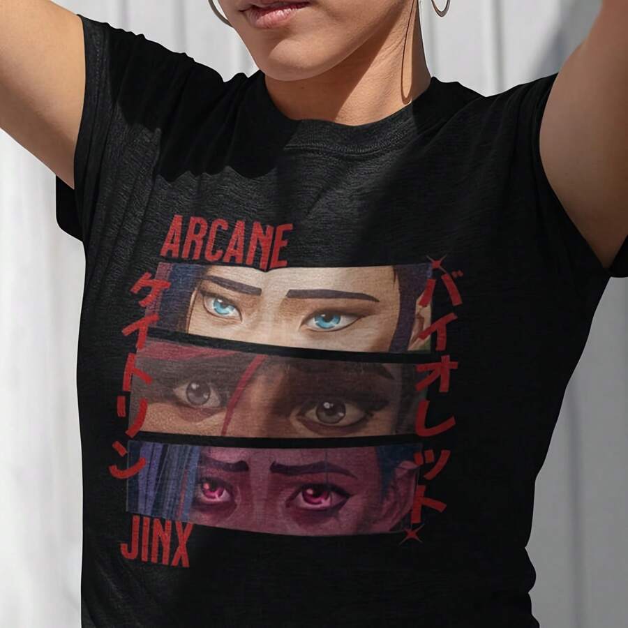 Arcane Jinx, Vi & Caitlyn Uni Graphic Vintage-Style T-Shirt - màu đen - Xem 1