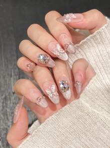 YADORNOS 10片粉色猫眼法式3D蝴蝶水钻亚克力按压式美甲贴纸，春夏手绘蝴蝶水晶柔美短棺材形和长杏仁形全覆盖假指甲，情人节婚礼新娘佩戴，包含果冻胶和指甲锉，DIY美甲用品 - 粉色 - 查看 10