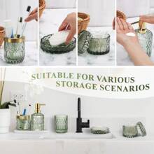 5PCS Bathroom Clear Glass Accessories Set (Lotion Soap Dispenser, Soap Dish, Toothbrush Holder, Tumbler, Cotton Swab Jar), Contemporary Modern Decor Crystal Vintage Gift - 綠色 - 查看 4