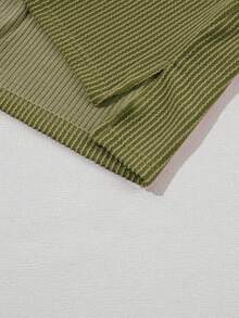 Acelitt Summer Casual Solid Color Loose Knitted Textured Striped Round Neck Short Sleeve T-Shirt - Army Green - View 9