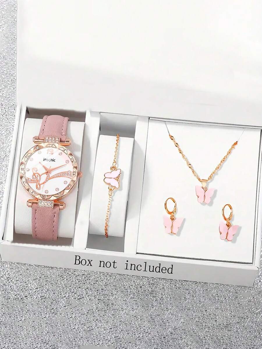 5 件套音符图案粉色皮革石英表、蝴蝶手链项链耳环儿童腕表套装，送给她的礼物，适合日常装扮