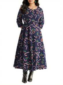 Women Plus Size Dress Candy Cane Print Round Neck Long Sleeve Long Dress Fall Casual Christmas Dress - Blue - View 1