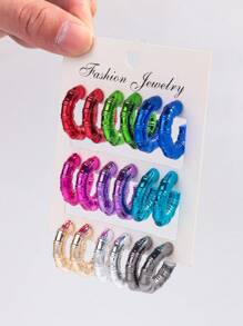 1 Set Of 9 Pairs Fashion Metal-Color Acrylic Asymmetrical C-Shape Hoop Earrings Set, Suitable For Daily Wearing For Women