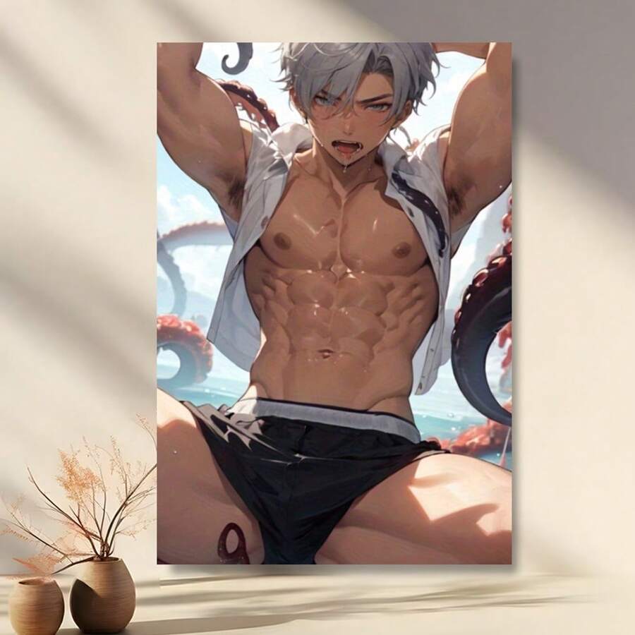 Framed   Handsome Anime Boy Canvas Wall Art, Muscular Character With Octopus Scene,  Ideal For Birthday, Mother's Day, New Year, Easter Gifts, Home & Office Decor, Anime Room Decor, Perfect For Room Decor Birthday Party Decor, Mother's Day New Year Easter Gift,  Home Living Room Office Wall Decor, Perfect Gift And Wall Decoration - Framed - View 1