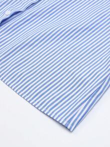 女士条纹灯笼袖休闲衬衫，舒适日常穿着，适合户外散步、毕业季、独立日 - 藍色 - 查看 9