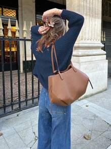 Women's Casual Long Sleeve Loose Knit Sweater Button Closure Cuffs Tightening - Màu xanh hải quân - Xem 3