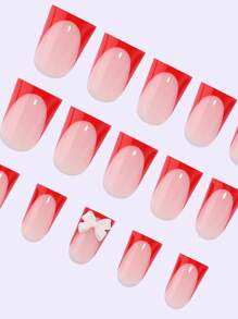 30pcs Acrylic Press-On Nail Set For New Year, Short Flared Duck Mouth Shape, Dark Red French Tip With 3D White Bow, Suitable For Girls, Women As Gift, Holiday, Daily Wear, Includes Double-Sided Tape & Nail File Press On Nails