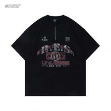 OVDY 1 件男士手工拉丝丝网印花拉链半开领户外高街短袖