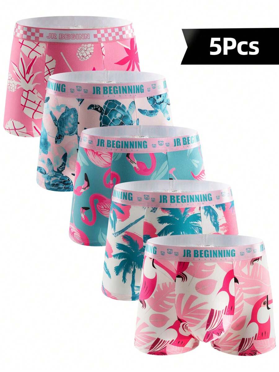 Men 5pcs Tropical & Flamingo Print Letter Tape Waist Boxers - Multicolor - View 1