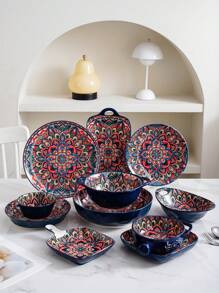 طقم أواني طعام سيراميكية بأسلوب بوهيمي، بألوان حمراء وزرقاء، وبأنماط نردية ورجعية من الزهور، أطقم أوانٍ وأطباق راقية مناسبة للفنادق والمطاعم والمطبخ المنزلي والاحتفالات والهدايا للزفاف، بتصاميم متنوعة من وعاء الأرز وطبق الحساء وصحن الطعام والصينية الكبيرة والمستلزمات المدرسية - الأزرق - مشاهدة 4
