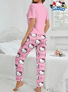 Sanrio Set abbigliamento da casa Hello Kitty Sanrio da 2 pezzi: top a maniche corte con scollo rotondo e pantaloni, set pigiama comodo con stampa di lettere a cartoni animati