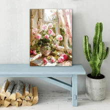 1 pièce Charmante affiche murale de pot de fleurs sur le rebord de fenêtre - Roses roses et blanches vives, motif floral, parfait pour la décoration du salon, sans cadre