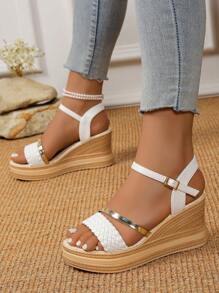 Women's Platform Wedge Sandals, 2025 Spring Summer High Heel Single Strap Slides, Lightweight Comfortable Beach Vacation Heeled Shoes, Sexy Show Leg Runway Shoes, Elevated Small Size Big Size Woven Roman Open Toe Fashion Dress Shoes, Mom Shoes