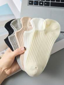5 Pairs Women's Solid Color Rib Ankle Liner Short Invisible Socks, Thin Breathable Non-Slip Hidden Boat Socks For All Seasons