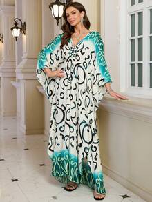 Bohemian Batwing Sleeves Kaftan Plus Size House Dress Modest Arabian Dress Outfits - Green - View 9