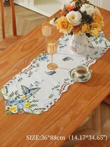 1pc Polyester Decorative Table Runner, Elegant Colorful Embroidery & Cutout Butterfly & Flower Pattern, Suitable For Kitchen, Dining Table, Room Decor, Dressing Table, Coffee Table, Book Desk, Anti-Hot Anti-Stain Table Mat, Home Decor, For Indoor Outdoor, Party, Wedding - Blue - View 5