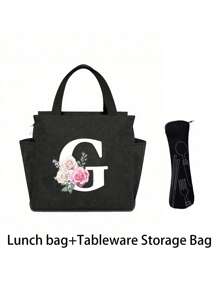 2 pièces/Set Sacs isothermes imprimés avec lettres A-Z et boîte de rangement pour couverts, sac à lunch à double poche