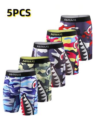 5pcs/Pack Men's Camo Shark Teeth Digital Print Boxer Briefs