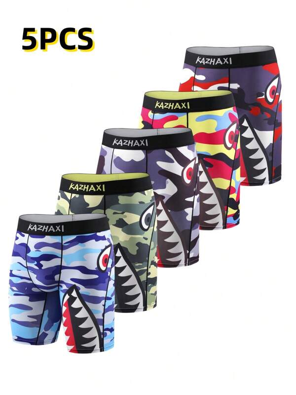 5 unidades/pacote de cuecas boxer masculinas camufladas com dentes de tubarão e estampa digital
