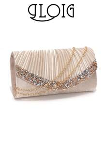 Valentine's Day Gift Love Holiday Date Silver Clutch Bags V Design Metal Chain Glitter Sequined Evening Bags With Envelope Party Wedding Casual Lady Handbags Banquet Dinner Purse - Apricot - View 1