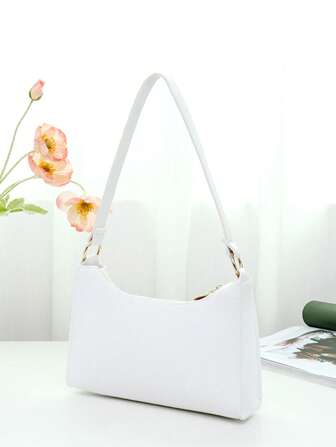 Neue Damen Umhängetasche, elegant in Unifarbe, mit Schultergurt, Reißverschluss - Klassisches Weiß, weiches Nappaleder, halbmondförmige multifunktionale Handtasche