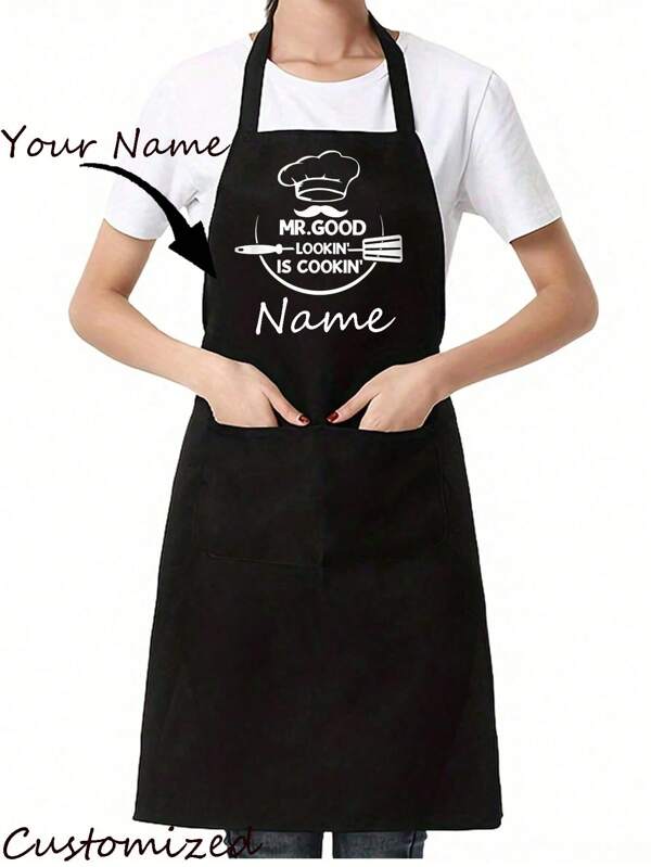 1 Stück individuell gestaltete kreative Schürze, Herren Chefmuster bedruckte Arbeitsschürze, einstellbare Größe, modische Restaurant & Küchen Schürze, schlichter schwarzer Stil mit Taschen, verstärkte Taille Schürze, modische Haushaltsarbeit Küchen Arbeitskleidung, Küchenutensilien, geeignet für Küche, Backen, perfekt als Geschenk für Mütter an Muttertag