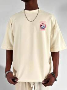 休闲字母印花圆领短袖T恤，夏季 - 卡其色 - 查看 2