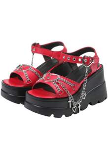 Y2K Style Punk Gothic Women's Platform Chain Sandals Red Chunky Heel Sandals With Heart & Charm Detailing Summer Open Toe Casual Sandals For Daily & Beach Vacation Shoes - Đỏ - Xem 8