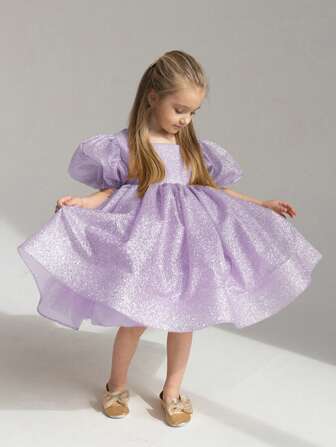 年轻女孩优雅亮片泡泡袖蝴蝶结后背深 V 领公主裙，适合生日礼物、派对、婚礼、节日庆典