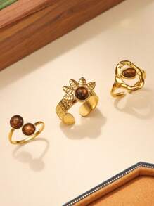 Set de 3 anillos abiertos con incrustaciones de ojo de tigre y hoja dorada de acero inoxidable, adecuado para mujeres como atuendo diario de primavera o regalo - Ojo de tigre marrón - Ver 2