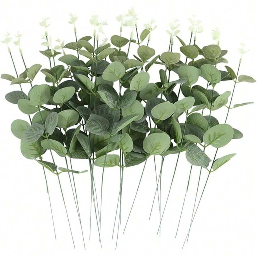 5 piezas Tallos de decoración de ramas de pino de Navidad Plantas artificiales Ramas falsas de eucalipto Tallo falso de eucalipto para ramos de boda Decoración del hogar y la habitación, Decoración de primavera y verano