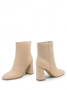 Women's Vegan Leather Faux Suede Block Heel Side Zip Fashionable Ankle Boots - Apricot - View 5