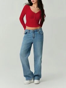 Women's Summer Slim Cropped Tops Solid Color Ribbed Long Sleeve V-Neck Button Show Navel T-Shirt - Red - View 3