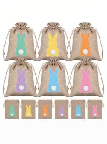 6/12 件复活节可爱兔子包装袋、可爱兔子毛绒储物袋、复活节粗麻布袋、4*6 英寸复活节兔子抽绳礼品袋糖果袋、工艺帆布礼品袋、复活节派对生日用品、复活节抽绳抽绳礼品袋 - 彩色 - 查看 1