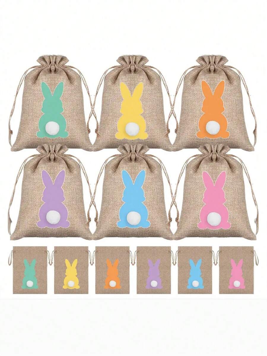 6/12 件复活节可爱兔子包装袋、可爱兔子毛绒储物袋、复活节粗麻布袋、4*6 英寸复活节兔子抽绳礼品袋糖果袋、工艺帆布礼品袋、复活节派对生日用品、复活节抽绳抽绳礼品袋 - 彩色 - 查看 1