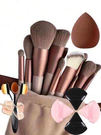 20pcs Makeup Brush Set, Including: 13pcs Makeup Brushes (Blush Brush, Foundation Brush, Eyeshadow Brush, Contour Brush, Eyebrow Brush, Powder Brush, Etc.) + 1pc Drawstring Makeup Bag, 1pc #4 Foundation Brush + 2pcs Pink Makeup Sponges + 2pcs Black Makeup Sponges, 3 Options: 1) 4pcs Makeup Sponges (2 Pink + 2 Black), 2) 1pc #4 Foundation Brush, 3) 13pcs Makeup Brushes + Bag + 4pcs Sponges + 1pc #4 Foundation Brush