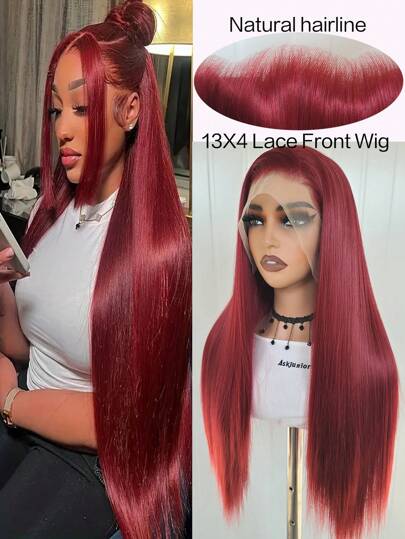 13"X4" Lace Front Synthetic Wig, Long Straight Wine Red Color, Natural Hairline, No Glue, Heat Resistant Fiber, Fashion For Women (Wine Red)