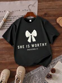 Girls' Bow Slogan Print Round Neck Short Sleeve T-Shirt, Casual Tee For Spring & Summer - Black - View 1