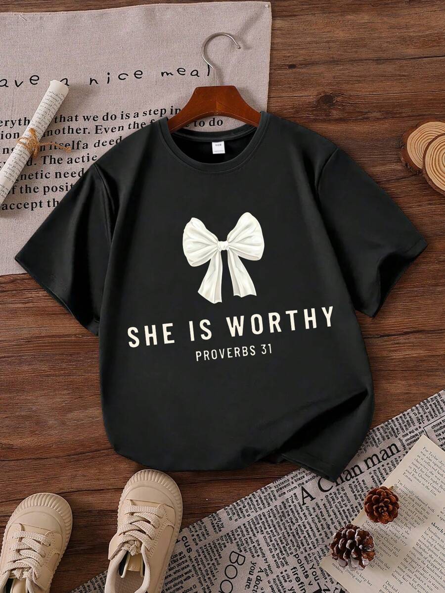 Girls' Bow Slogan Print Round Neck Short Sleeve T-Shirt, Casual Tee For Spring & Summer - Black - View 1