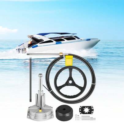 Outboard Steering System Marine Steering Kits With 10'-16' Boat Steering Cable 3/4'' Shaft And 13.5'' Wheel For Yachts Fishing Boats And Waterborne Vehicles