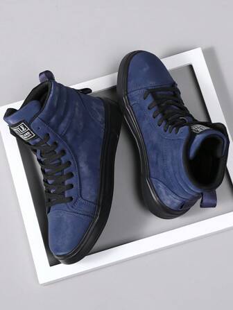 Men's Fashion High Top Lace-Up Casual Mesh Decor Sneakers, With Letter Print, Lightweight Versatile Stylish High Top Skateboard Shoes, Suitable For Outdoor, Hiking, Street Wear, All Seasons,