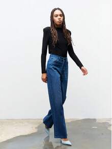 Women's Washed Denim Straight Jeans With Pearls For Office Women Outfits - Aquarius Blue - View 3