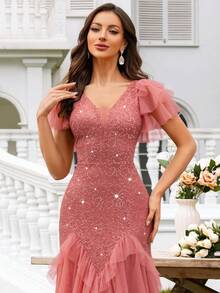 MIUSOL 亮片蕾丝撞色网眼 V 领荷叶边袖褶皱下摆晚会长裙，女士优雅派对礼服，正式晚礼服，舞会礼服，适合婚礼嘉宾、毕业典礼、晚宴