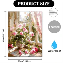 1 pièce Charmante affiche murale de pot de fleurs sur le rebord de fenêtre - Roses roses et blanches vives, motif floral, parfait pour la décoration du salon, sans cadre