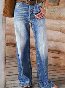 Vaqueros casuales de cintura alta y pierna ancha en estilo retro para mujeres