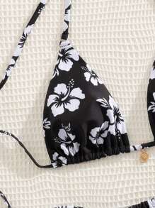 PEPPERMOLLY New Soft Fabric Printed Halter Tie-Up Elegant Party Bikini Set, Summer Beach Fashion Women Swimwear, Black - Black - View 4