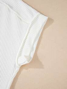 Acelitt Summer Casual Solid Color Loose Knitted Ribbed Stripe Round Neck Short Sleeve T-Shirt - White - View 9